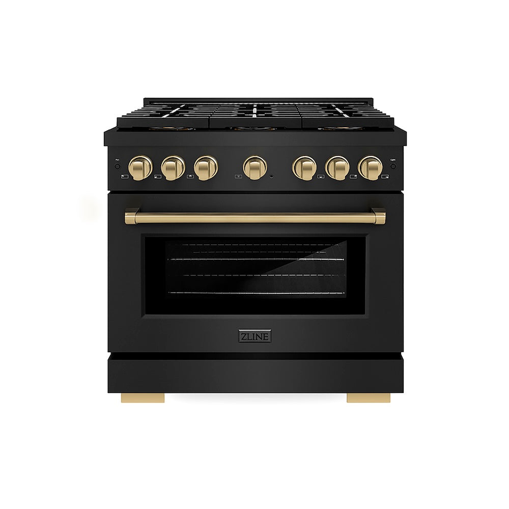 ZLINE Autograph Edition 36 in. 5.2 cu. ft. Paramount Dual Fuel Range with 6 Burner DuoPro™ Cooktop and Electric Convection Oven in Black Stainless Steel and Champagne Bronze Accents, Open Box-Good Condition