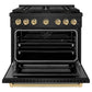 ZLINE Autograph Edition 36 in. 5.2 cu. ft. Paramount Dual Fuel Range with 6 Burner DuoPro™ Cooktop and Electric Convection Oven in Black Stainless Steel and Champagne Bronze Accents (PSDRBZ-36-CB) front, oven open.