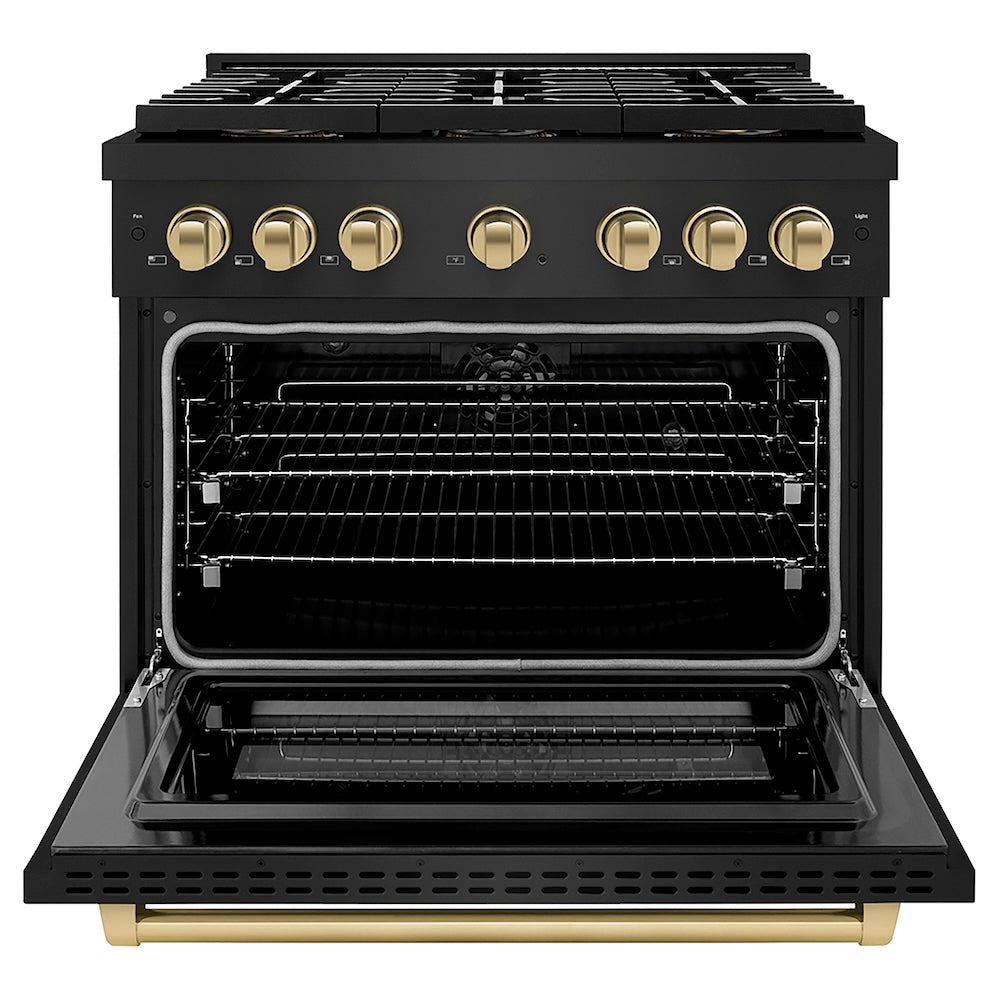 ZLINE Autograph Edition 36 in. 5.2 cu. ft. Paramount Dual Fuel Range with 6 Burner DuoPro™ Cooktop and Electric Convection Oven in Black Stainless Steel and Champagne Bronze Accents (PSDRBZ-36-CB) front, oven open.
