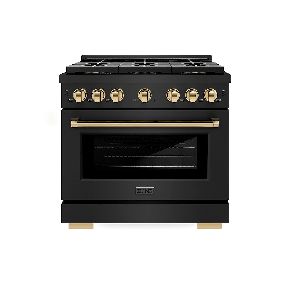 ZLINE Autograph Edition 36 in. 5.2 cu. ft. Paramount Dual Fuel Range with 6 Burner DuoPro™ Cooktop and Electric Convection Oven in Black Stainless Steel and Polished Gold Accents, Open Box-Good Condition