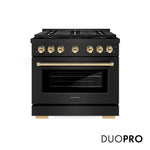 ZLINE Autograph Edition 36 in. 5.2 cu. ft. Paramount Dual Fuel Range with 6 Burner DuoPro™ Cooktop and Electric Convection Oven in Black Stainless Steel and Polished Gold Accents (PSDRBZ-36-G) main image.