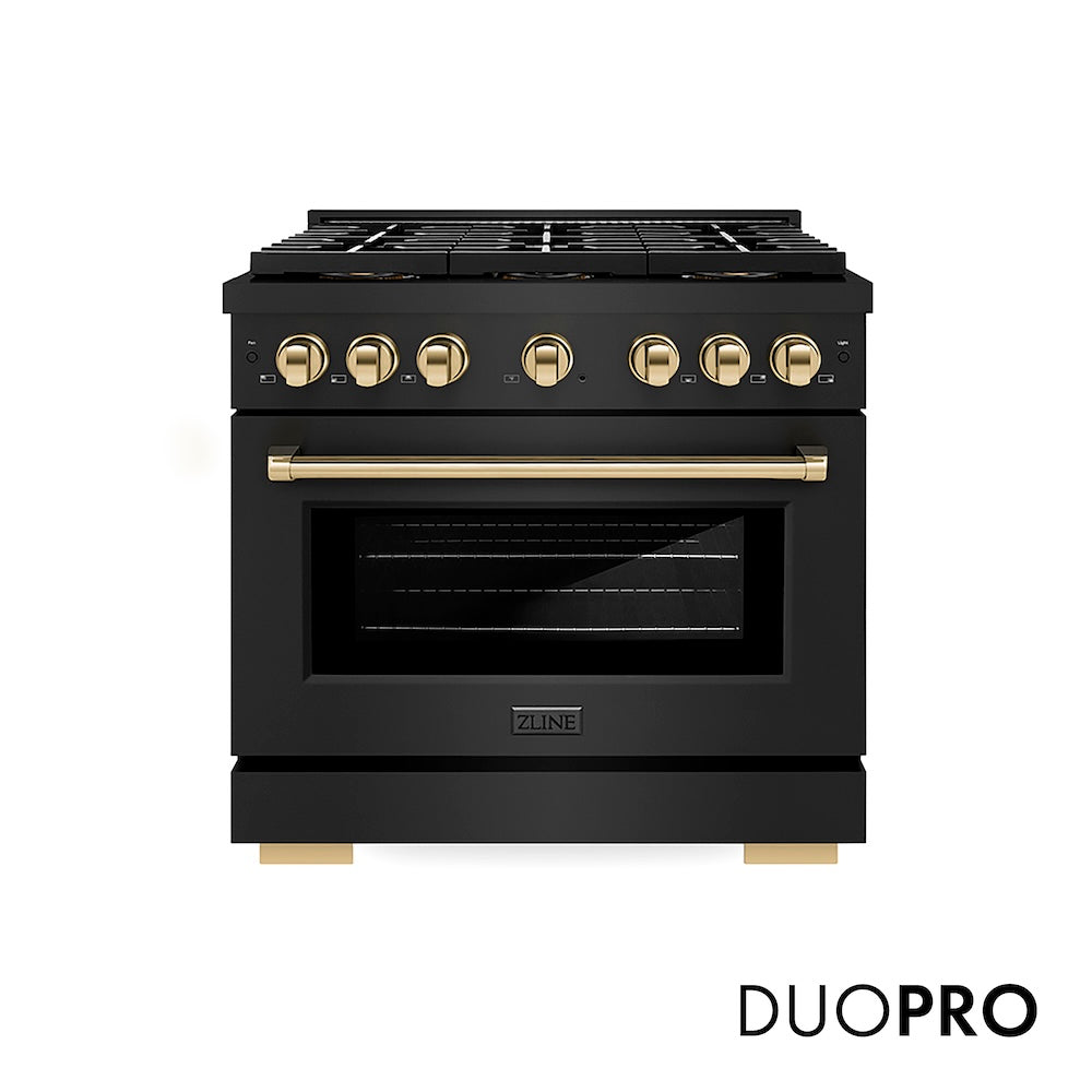 ZLINE Autograph Edition 36 in. 5.2 cu. ft. Paramount Dual Fuel Range with 6 Burner DuoPro™ Cooktop and Electric Convection Oven in Black Stainless Steel and Polished Gold Accents (PSDRBZ-36-G) main image.