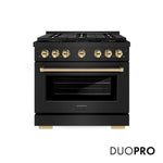 ZLINE Autograph Edition 36 in. 5.2 cu. ft. Paramount Dual Fuel Range with 6 Burner DuoPro™ Cooktop and Electric Convection Oven in Black Stainless Steel and Polished Gold Accents, Open Box-Good Condition