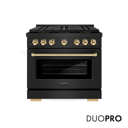 ZLINE Autograph Edition 36 in. 5.2 cu. ft. Paramount Dual Fuel Range with 6 Burner DuoPro™ Cooktop and Electric Convection Oven in Black Stainless Steel and Polished Gold Accents, Open Box-Good Condition