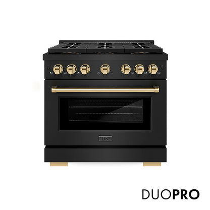ZLINE Autograph Edition 36 in. 5.2 cu. ft. Paramount Dual Fuel Range with 6 Burner DuoPro™ Cooktop and Electric Convection Oven in Black Stainless Steel and Polished Gold Accents, Open Box-Great Condition
