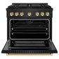 ZLINE Autograph Edition 36 in. 5.2 cu. ft. Paramount Dual Fuel Range with 6 Burner DuoPro™ Cooktop and Electric Convection Oven in Black Stainless Steel and Polished Gold Accents (PSDRBZ-36-G) front, oven open.