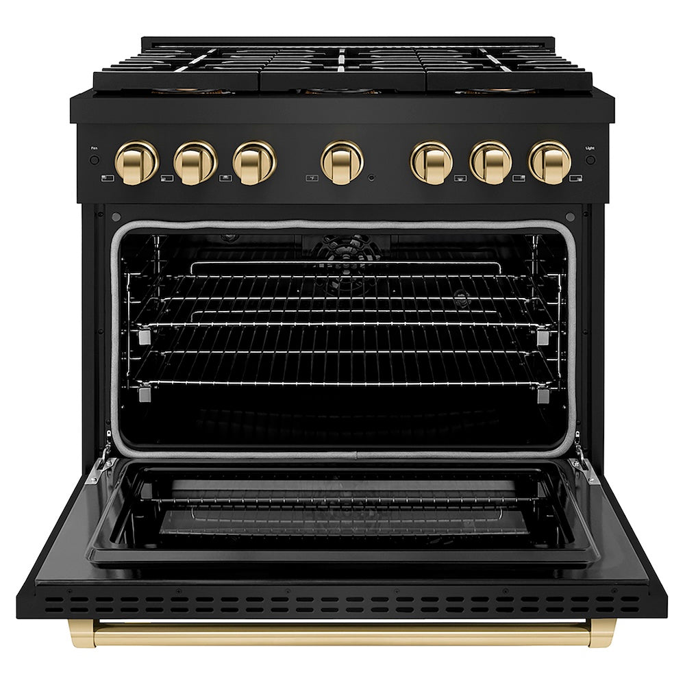 ZLINE Autograph Edition 36 in. 5.2 cu. ft. Paramount Dual Fuel Range with 6 Burner DuoPro™ Cooktop and Electric Convection Oven in Black Stainless Steel and Polished Gold Accents (PSDRBZ-36-G) front, oven open.