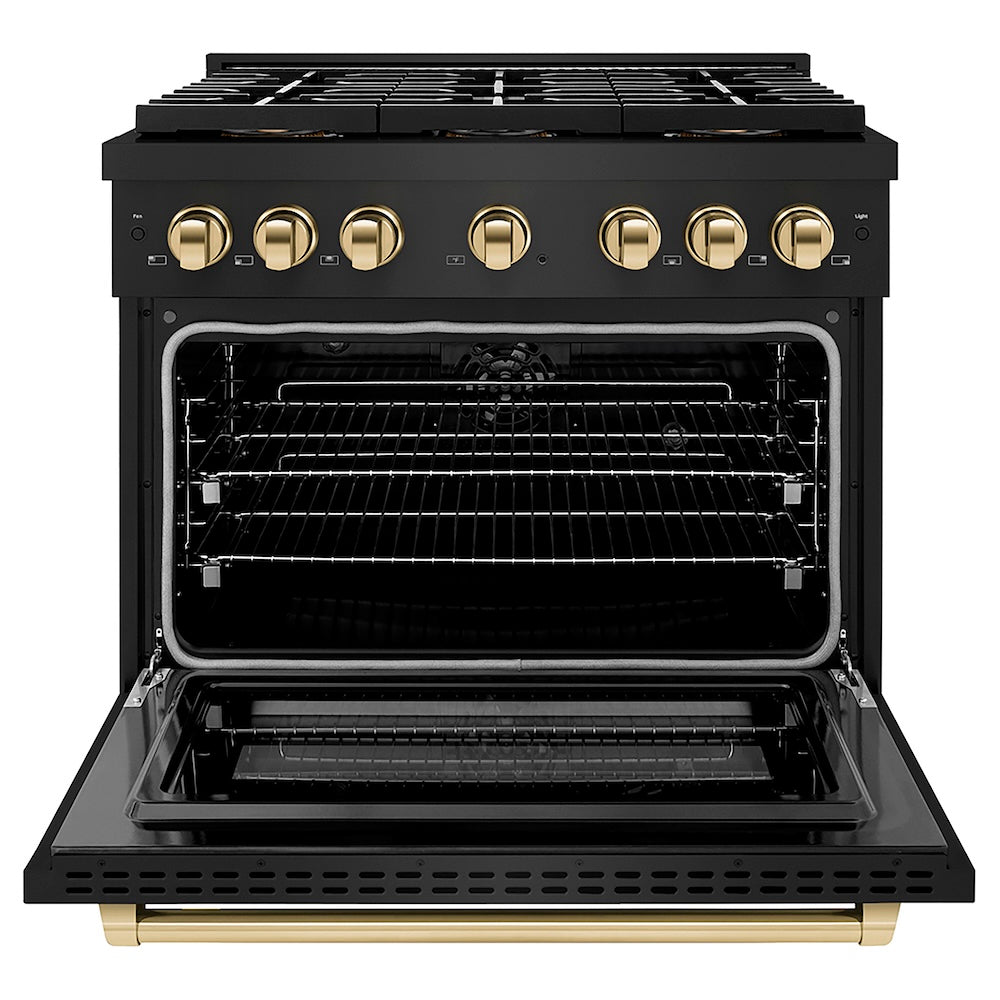 ZLINE Autograph Edition 36 in. 5.2 cu. ft. Paramount Dual Fuel Range with 6 Burner DuoPro™ Cooktop and Electric Convection Oven in Black Stainless Steel and Polished Gold Accents, Open Box-Good Condition