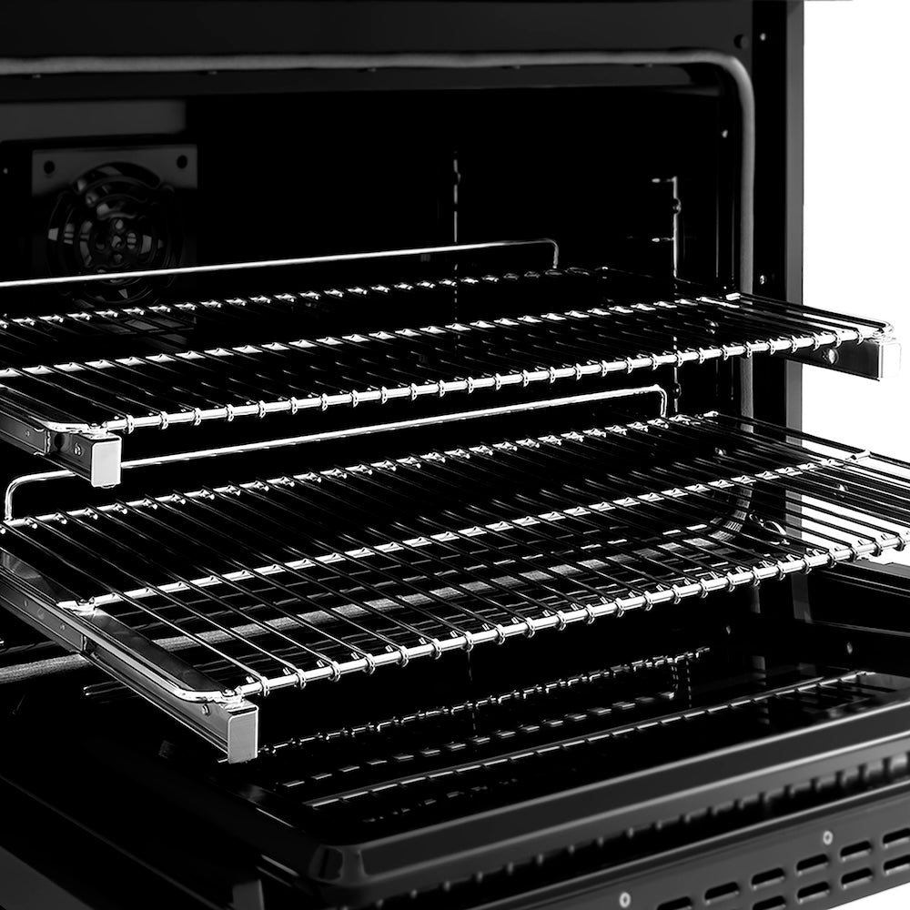 ZLINE Autograph Edition 36 in. 5.2 cu. ft. Paramount Dual Fuel Range with 6 Burner DuoPro™ Cooktop and Electric Convection Oven in Black Stainless Steel and Polished Gold Accents (PSDRBZ-36-G) side, oven open showing racks extended.