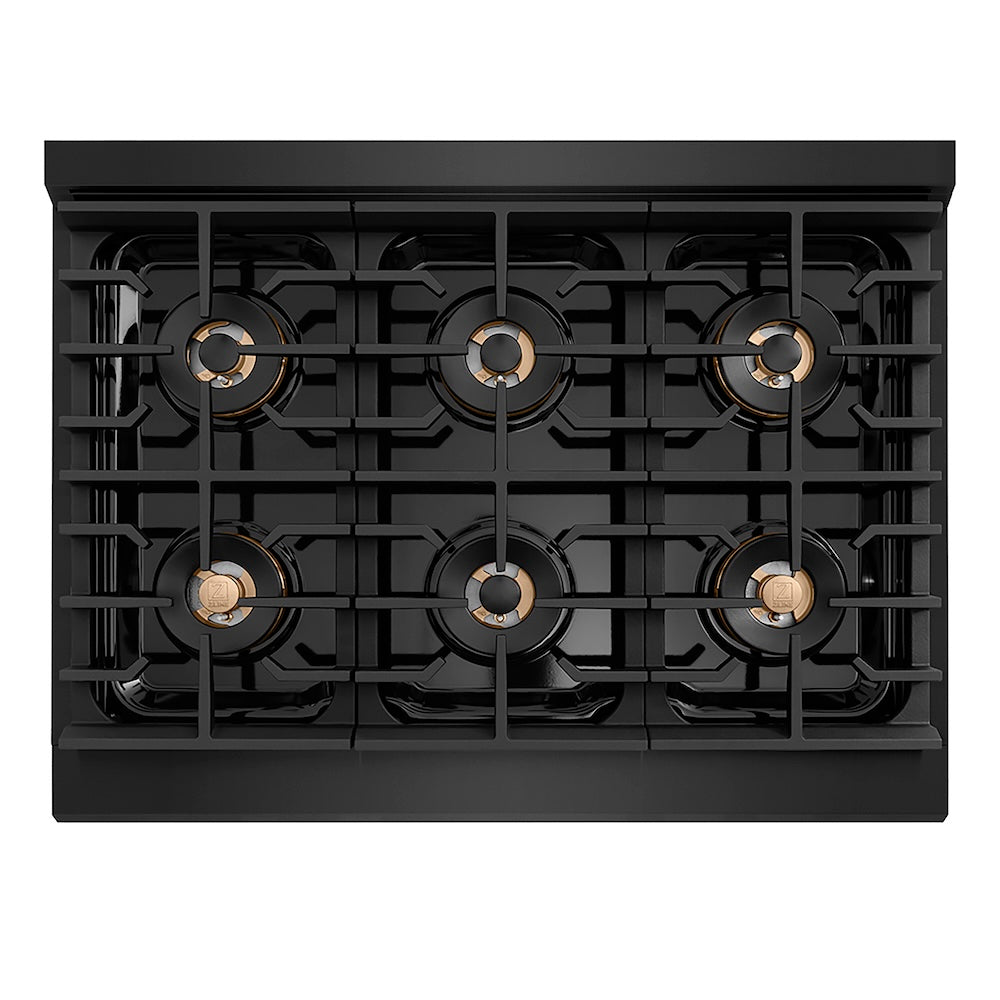 ZLINE Autograph Edition 36 in. 5.2 cu. ft. Paramount Dual Fuel Range with 6 Burner DuoPro™ Cooktop and Electric Convection Oven in Black Stainless Steel and Polished Gold Accents (PSDRBZ-36-G) top-down, above cooktop.
