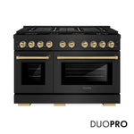 ZLINE Autograph Edition 48 in. 6.7 cu. ft. Paramount Dual Fuel Range with 8 Burner DuoPro™ Cooktop and Dual Ovens in Black Stainless Steel and Champagne Bronze Accents (PSDRBZ-48-CB) front, with DuoPro™ logo.