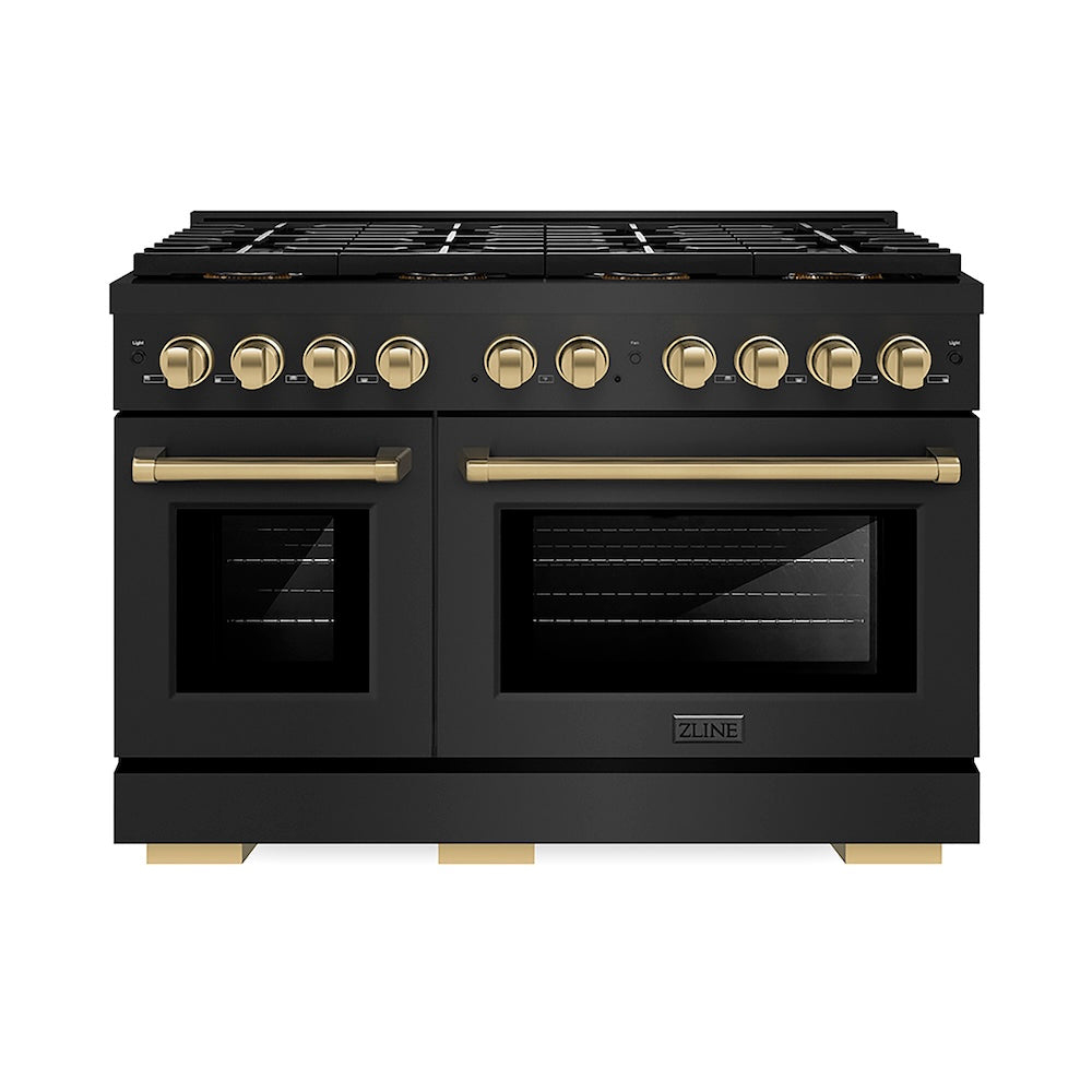 ZLINE Autograph Edition 48 in. 6.7 cu. ft. Paramount Dual Fuel Range with 8 Burner DuoPro™ Cooktop and Dual Ovens in Black Stainless Steel and Champagne Bronze Accents, Open Box-Good Condition