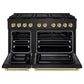 ZLINE Autograph Edition 48 in. 6.7 cu. ft. Paramount Dual Fuel Range with 8 Burner DuoPro™ Cooktop and Dual Ovens in Black Stainless Steel and Champagne Bronze Accents (PSDRBZ-48-CB) front, oven open.