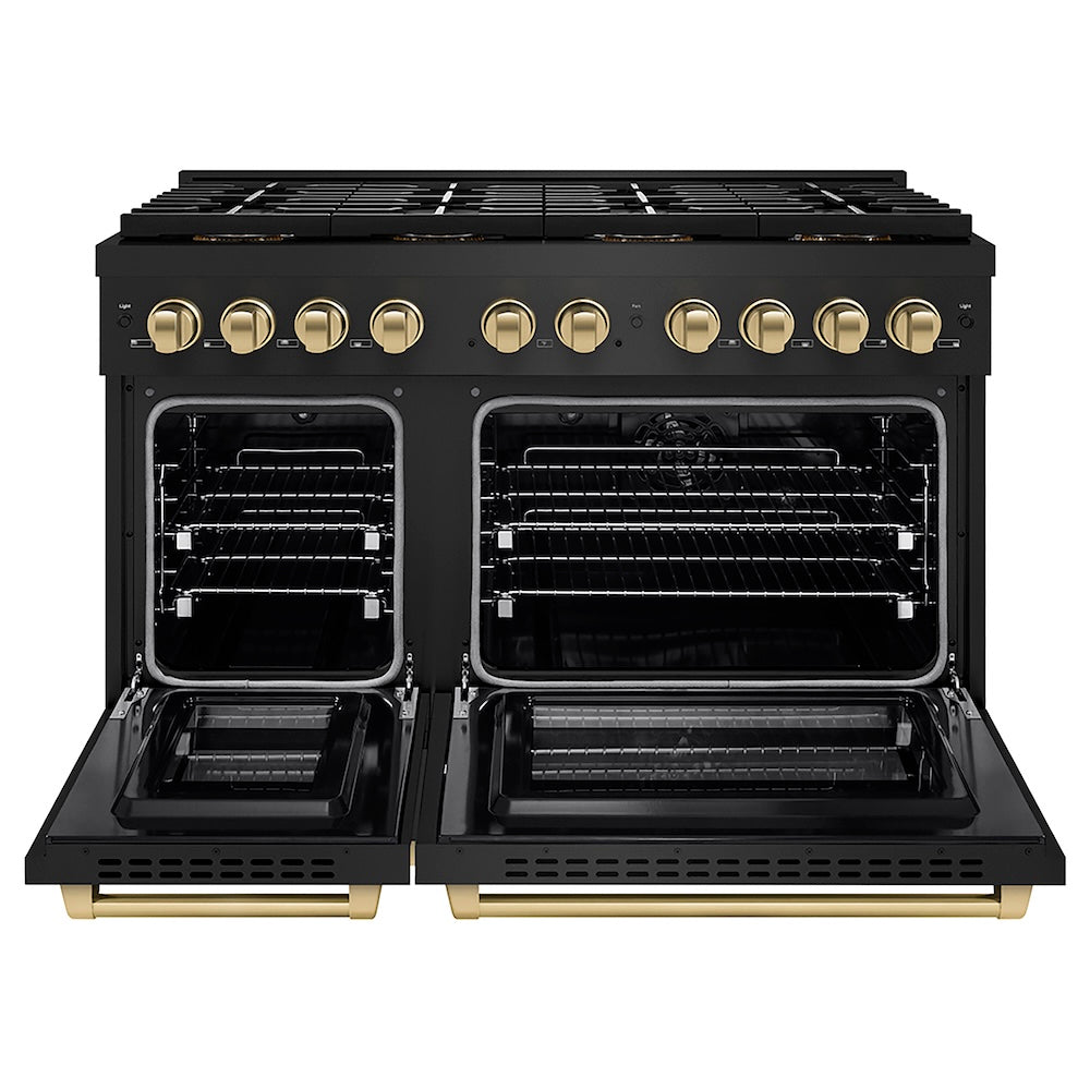 ZLINE Autograph Edition 48 in. 6.7 cu. ft. Paramount Dual Fuel Range with 8 Burner DuoPro™ Cooktop and Dual Ovens in Black Stainless Steel and Champagne Bronze Accents (PSDRBZ-48-CB) front, oven open.