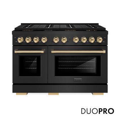 ZLINE Autograph Edition 48 in. 6.7 cu. ft. Paramount Dual Fuel Range with 8 Burner DuoPro™ Cooktop and Dual Ovens in Black Stainless Steel and Polished Gold Accents, Open Box-Good Condition