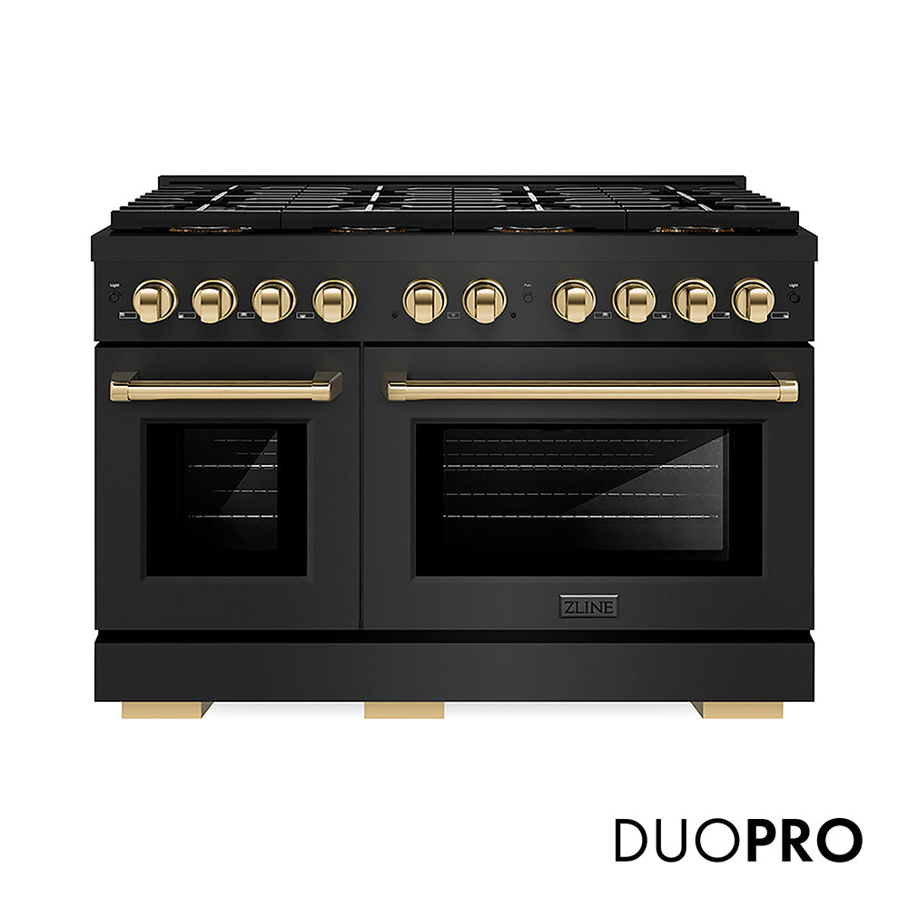 ZLINE Autograph Edition 48 in. 6.7 cu. ft. Paramount Dual Fuel Range with 8 Burner DuoPro™ Cooktop and Dual Ovens in Black Stainless Steel and Polished Gold Accents, Open Box-Great Condition main image.
