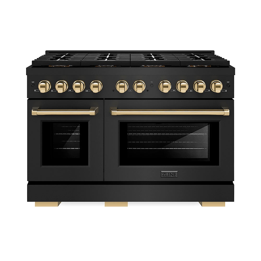 ZLINE Autograph Edition 48 in. 6.7 cu. ft. Paramount Dual Fuel Range with 8 Burner DuoPro™ Cooktop and Dual Ovens in Black Stainless Steel and Polished Gold Accents (PSDRBZ-48-G) front.