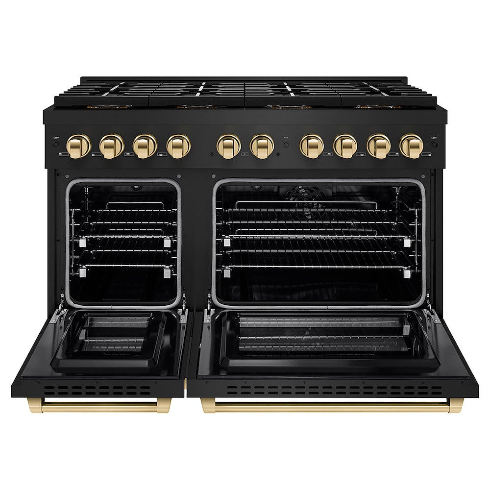 ZLINE Autograph Edition 48 in. 6.7 cu. ft. Paramount Dual Fuel Range with 8 Burner DuoPro™ Cooktop and Dual Ovens in Black Stainless Steel and Polished Gold Accents, Open Box-Good Condition