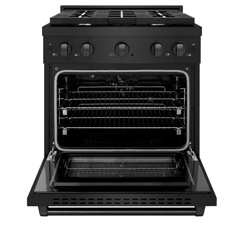 ZLINE 30 in. 4.2 cu. ft. Paramount Dual Fuel Range with 4 Burner Gas Cooktop and Electric Convection Oven in Black Stainless Steel (SDRB-30) front, oven open.