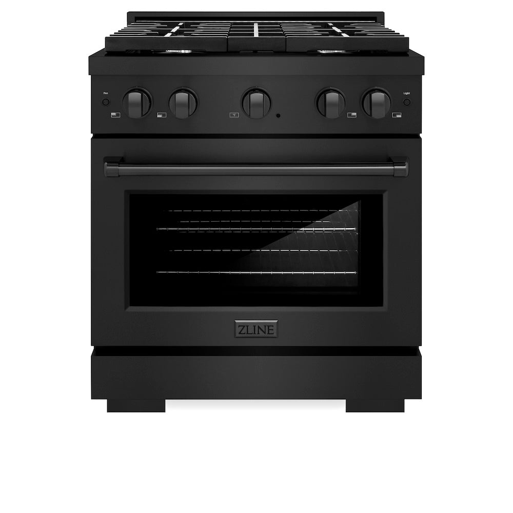 ZLINE 30 in. 4.2 cu. ft. Paramount Dual Fuel Range with 4 Burner Gas Cooktop and Electric Convection Oven in Black Stainless Steel (SDRB-30) front, oven closed.