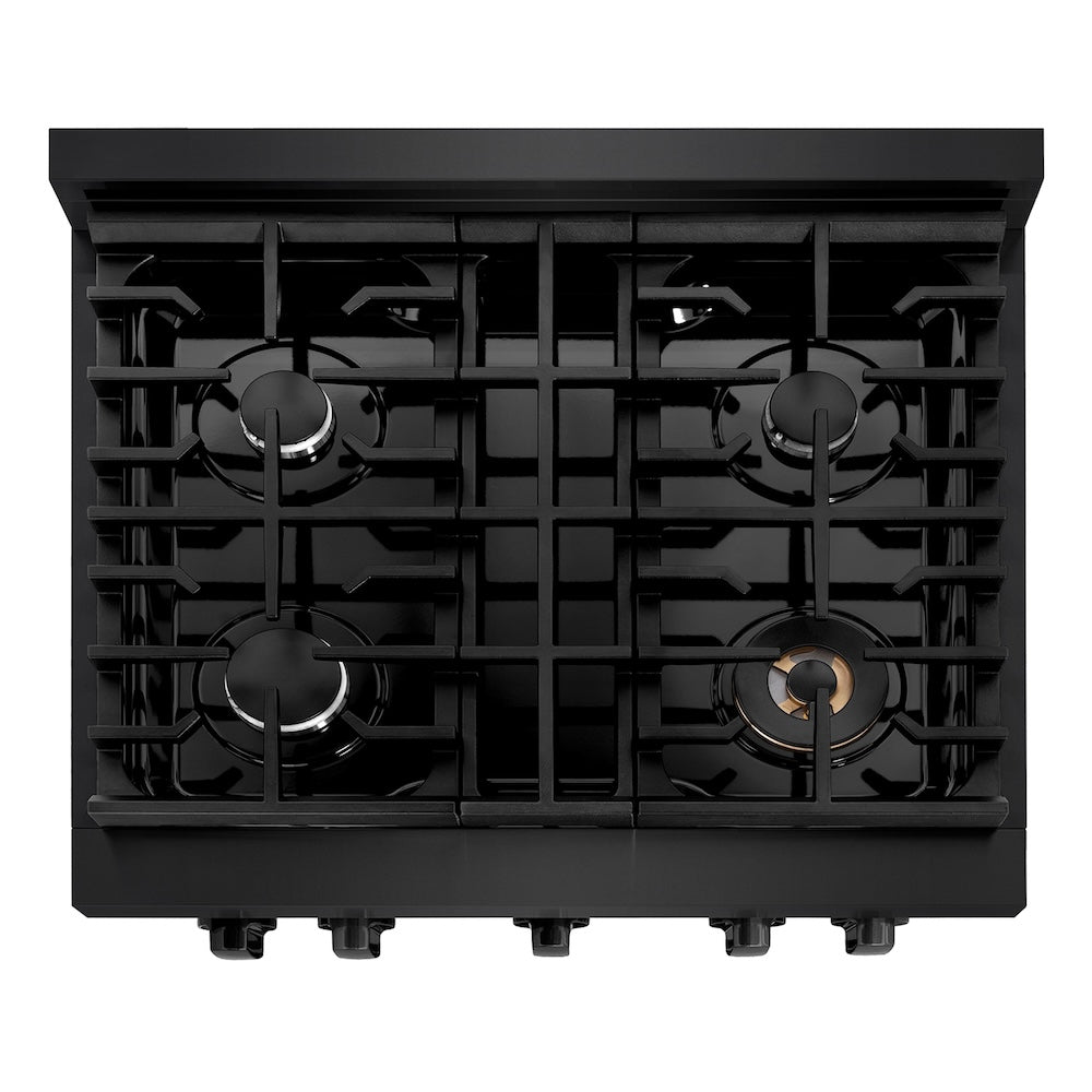 ZLINE 30 in. 4.2 cu. ft. Paramount Dual Fuel Range with 4 Burner Gas Cooktop and Electric Convection Oven in Black Stainless Steel (SDRB-30) top-down, above cooktop.