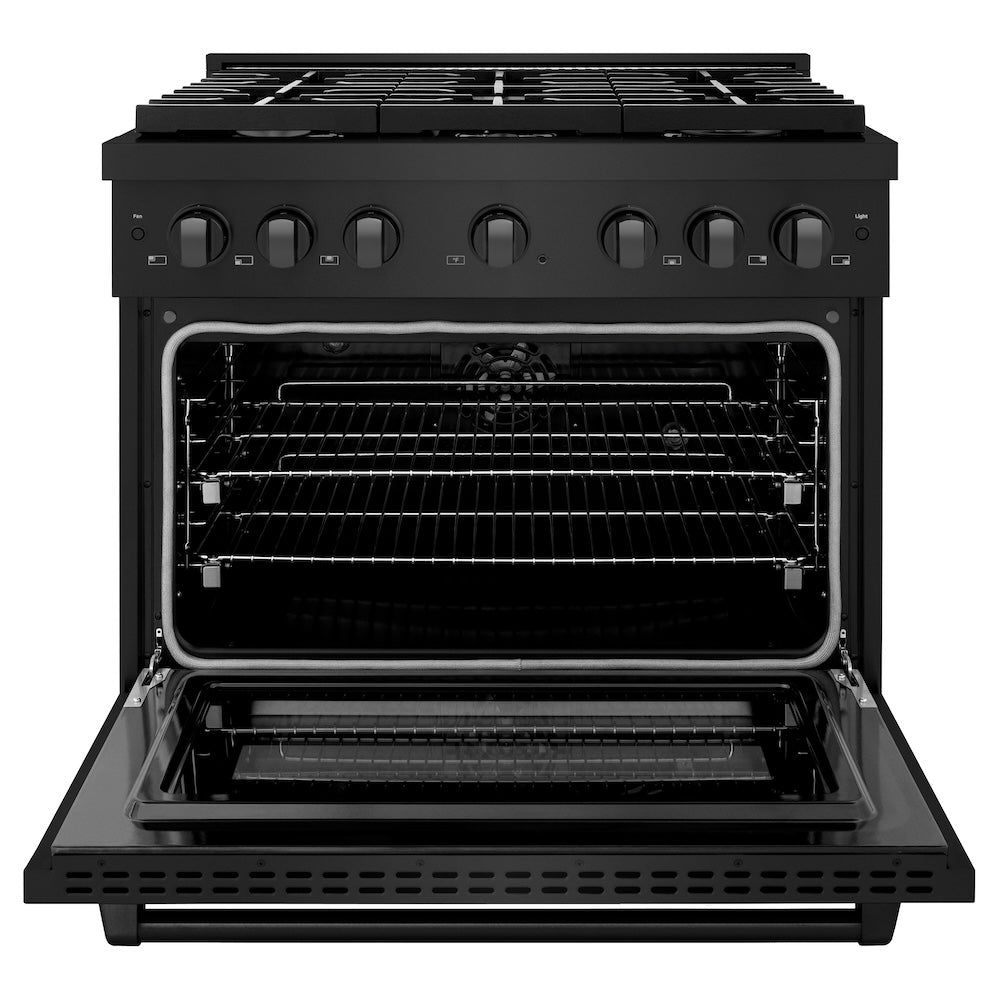 ZLINE 36 in. 5.2 cu. ft. Paramount Dual Fuel Range with 6 Burner Gas Cooktop and Electric Convection Oven in Black Stainless Steel (SDRB-36) front, oven open.