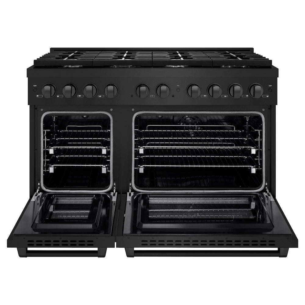 ZLINE 48 in. 6.7 cu. ft. Paramount Double Oven Dual Fuel Range with 8 Burner Gas Cooktop in Black Stainless Steel (SDRB-48) front, oven open.