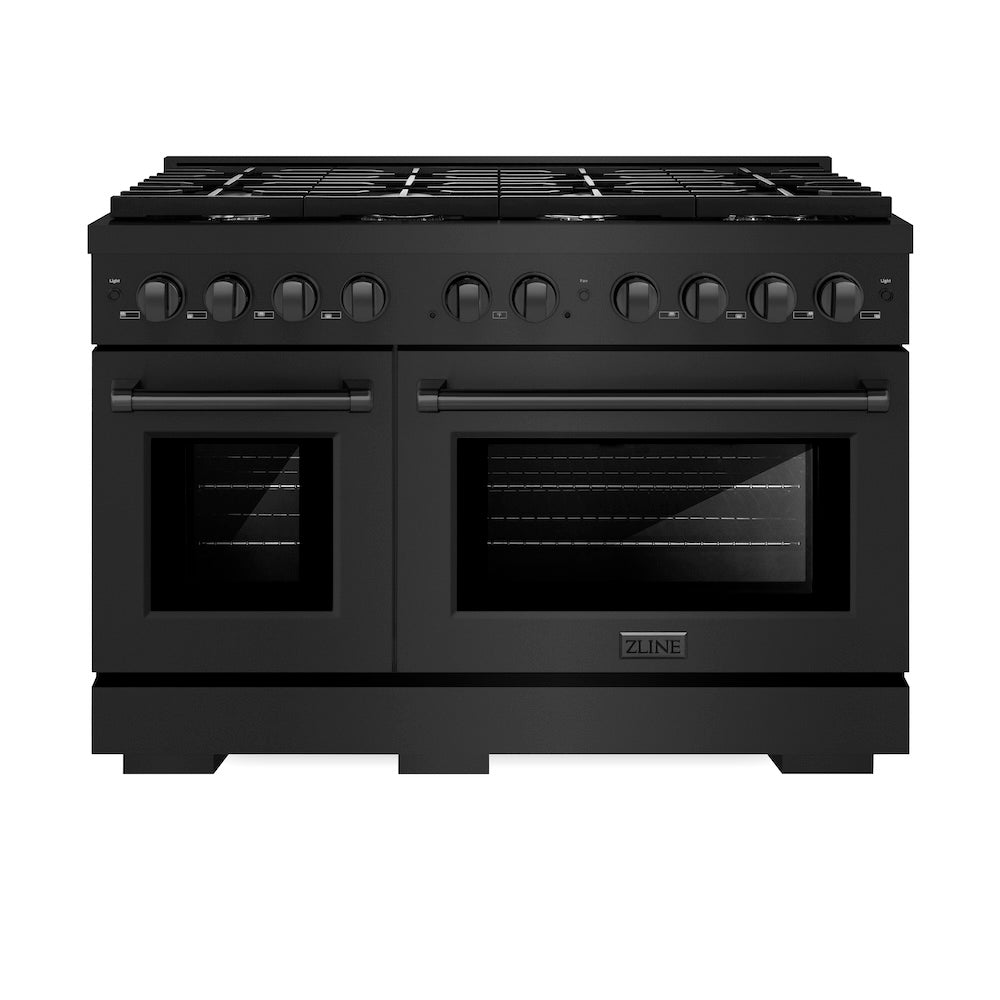 ZLINE 48 in. 6.7 cu. ft. Paramount Double Oven Dual Fuel Range with 8 Burner Gas Cooktop in Black Stainless Steel (SDRB-48) front, oven closed.