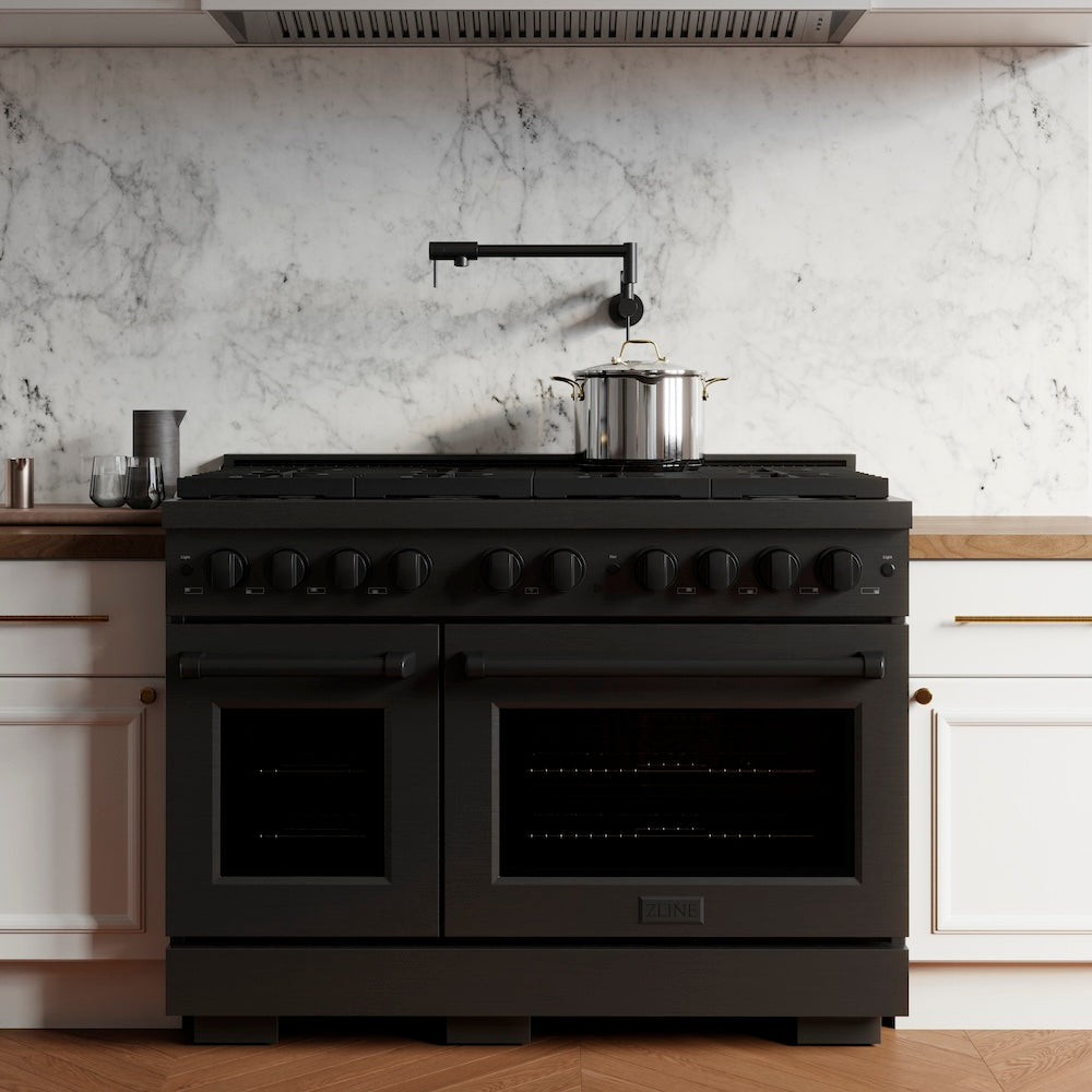 ZLINE 48 in. 6.7 cu. ft. Paramount Double Oven Dual Fuel Range with 8 Burner Gas Cooktop in Black Stainless Steel (SDRB-48) in a luxury kitchen.