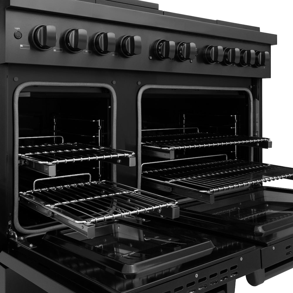 ZLINE 48 in. 6.7 cu. ft. Paramount Double Oven Dual Fuel Range with 8 Burner Gas Cooktop in Black Stainless Steel (SDRB-48)