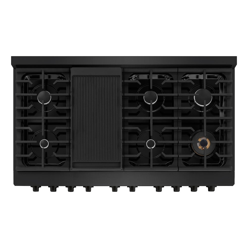 ZLINE 48 in. 6.7 cu. ft. Paramount Double Oven Dual Fuel Range with 8 Burner Gas Cooktop in Black Stainless Steel (SDRB-48) top-down, above cooktop.