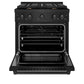 ZLINE 30 in. 4.2 cu. ft. Paramount Dual Fuel Range with Gas Cooktop and Electric Convection Oven in Black Stainless Steel with 4 Brass Burners (SDRB-BR-30) front, oven open.