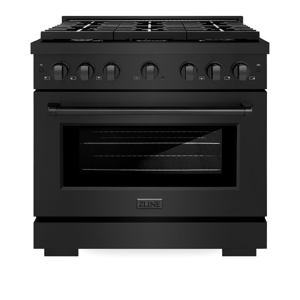 ZLINE 36 in. 5.2 cu. ft. Paramount Dual Fuel Range with Gas Cooktop and Electric Convection Oven in Black Stainless Steel with 6 Brass Burners (SDRB-BR-36) front, oven closed.