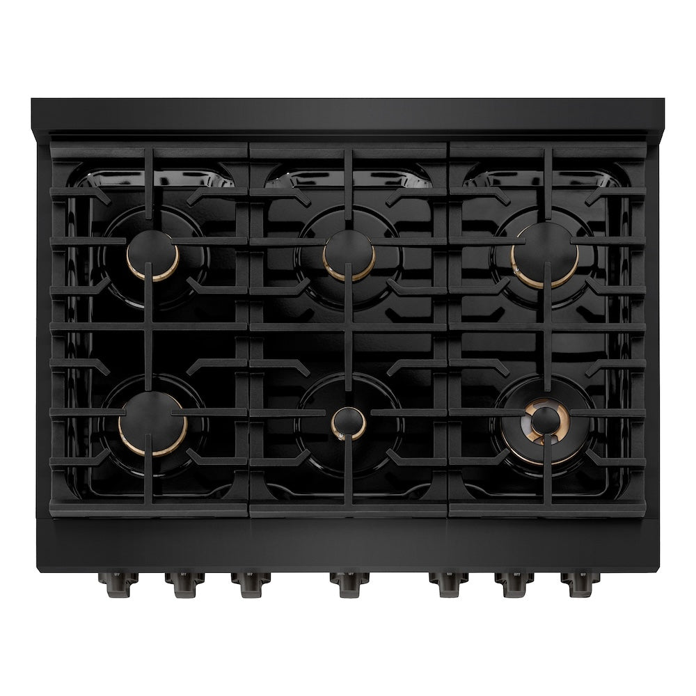 ZLINE 36 in. 5.2 cu. ft. Paramount Dual Fuel Range with Gas Cooktop and Electric Convection Oven in Black Stainless Steel with 6 Brass Burners (SDRB-BR-36) top-down, above cooktop.