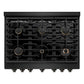 ZLINE 36 in. 5.2 cu. ft. Paramount Dual Fuel Range with Gas Cooktop and Electric Convection Oven in Black Stainless Steel with 6 Brass Burners (SDRB-BR-36) top-down, above cooktop.