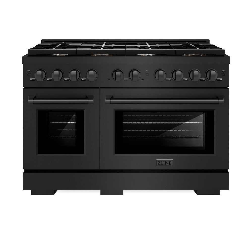 ZLINE 48 in. 6.7 cu. ft. Paramount Double Oven Dual Fuel Range in Black Stainless Steel with 8 Brass Burners (SDRB-BR-48) front, oven closed.