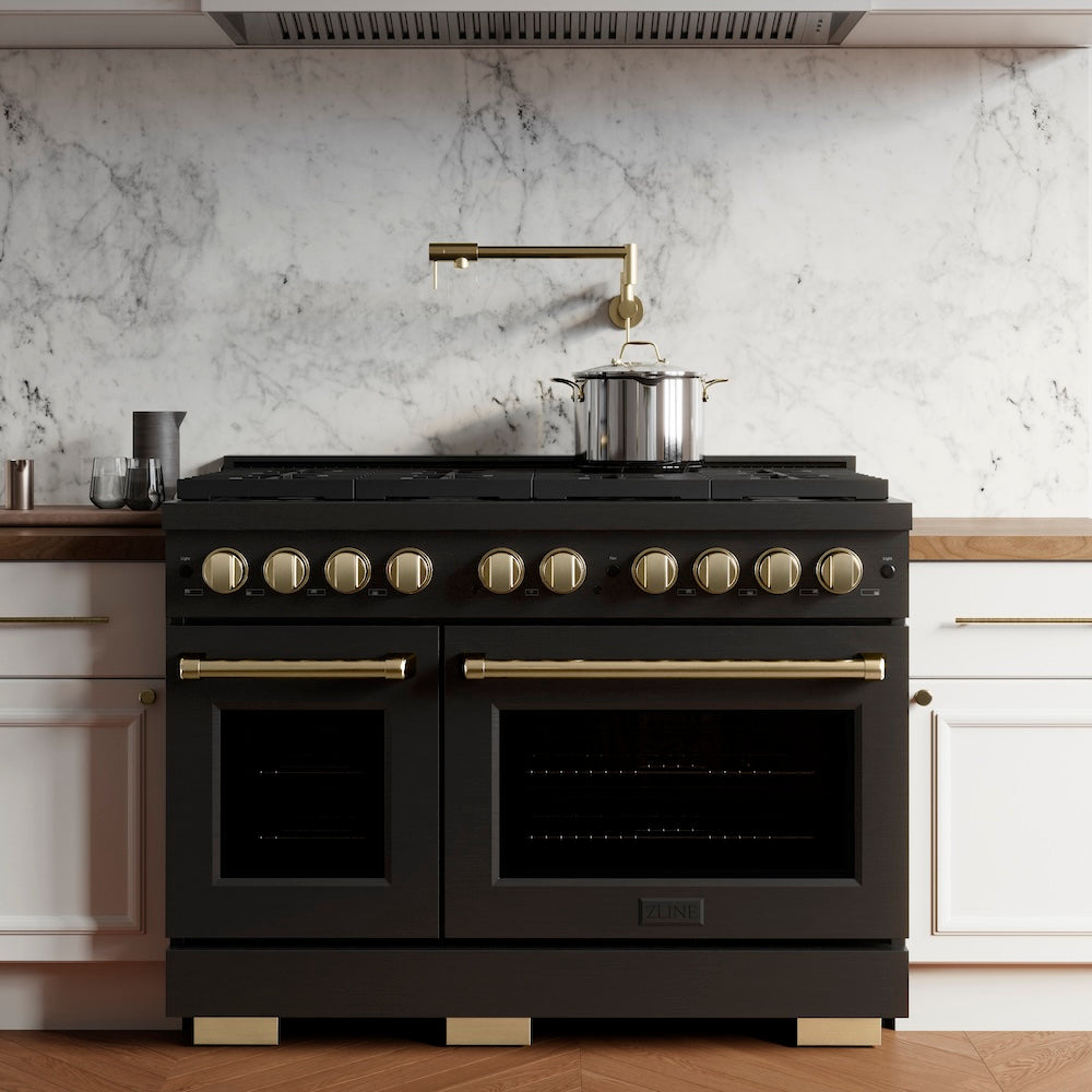 ZLINE Autograph Edition 48 in. 6.7 cu. ft. Paramount Double Oven Dual Fuel Range with 8 Burner Gas Cooktop in Black Stainless Steel and Champagne Bronze Accents (SDRBZ-48-CB) in a luxury kitchen.