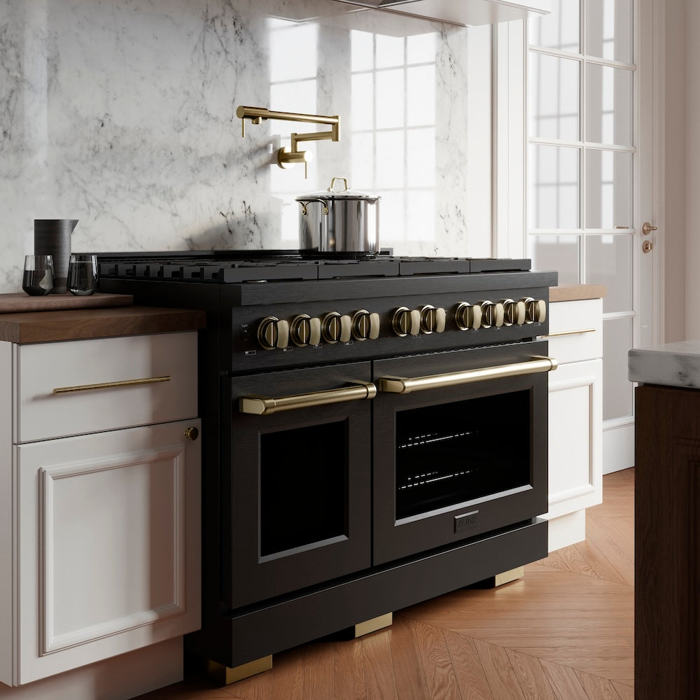 ZLINE Autograph Edition 48 in. 6.0 cu. ft. Dual Fuel Range with Gas Stove and Electric Oven in Black Stainless Steel with Champagne Bronze Accents (RABZ-48-CB) - white background