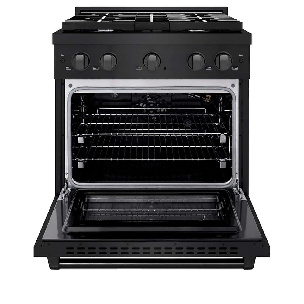 ZLINE 30 in. 4.2 cu. ft. Paramount Gas Range with 4 Burner Cooktop and Convection Gas Oven in Black Stainless Steel (SGRB2-30) front, oven open.