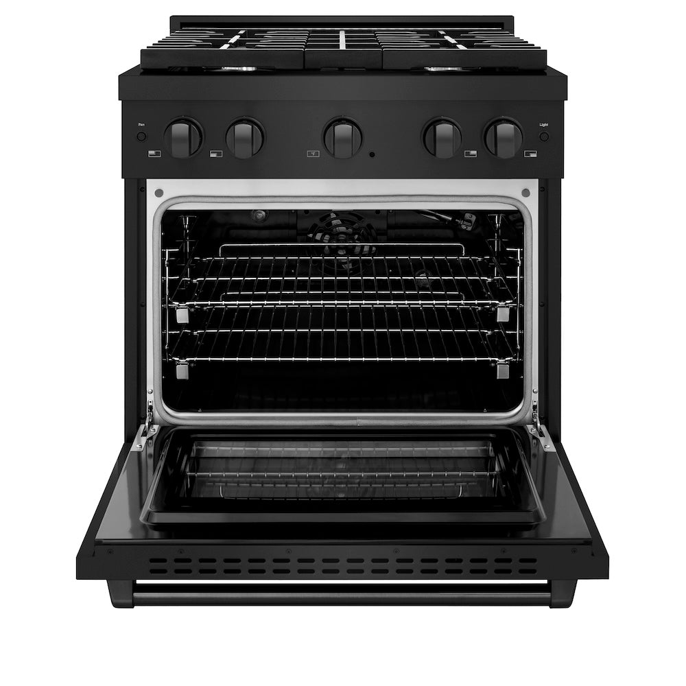 ZLINE 30 in. 4.2 cu. ft. Paramount Gas Range with 4 Burner Cooktop and Convection Gas Oven in Black Stainless Steel (SGRB-30) front, oven open.
