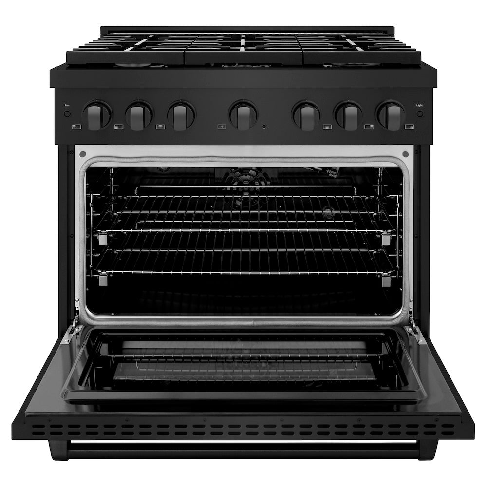 ZLINE 36 in. 5.2 cu. ft. Paramount Gas Range with 6 Burner Cooktop and Convection Gas Oven in Black Stainless Steel (SGRB-36) front, oven open.