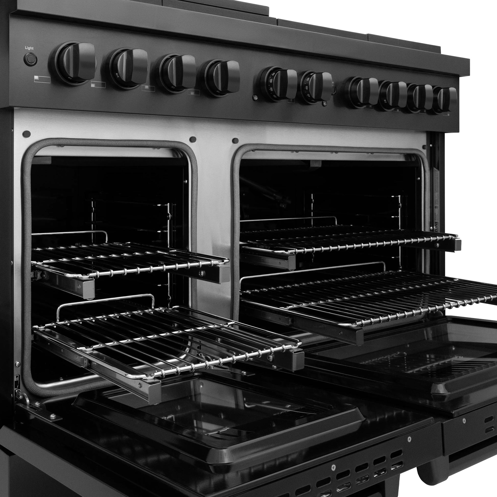 ZLINE 48 in. 6.7 cu. ft. Paramount Double Oven Gas Range with 8 Burner Cooktop in Black Stainless Steel, Open Box-Great Condition