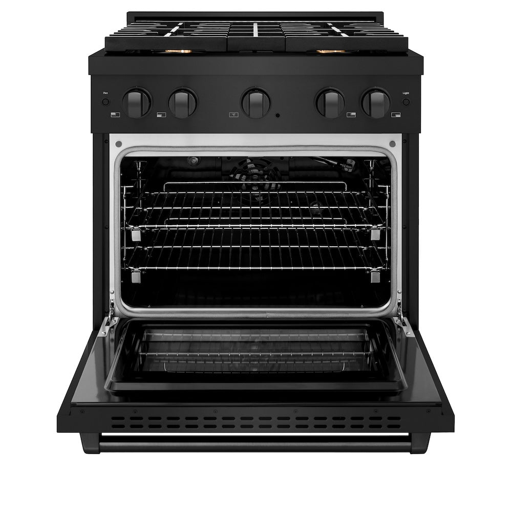 ZLINE 30 in. 4.2 cu. ft. Paramount Gas Range with Convection Gas Oven in Black Stainless Steel with 4 Brass Burners (SGRB-BR-30) front, oven open.