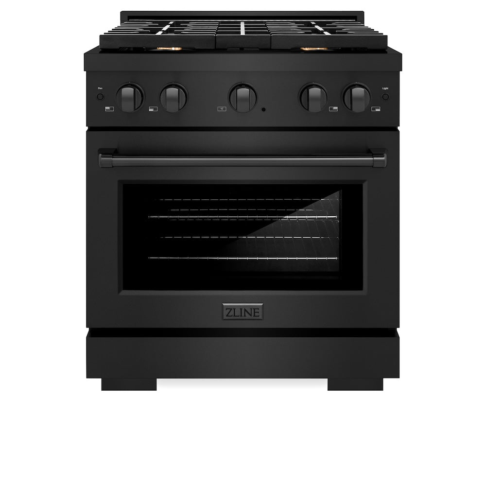 ZLINE 30 in. 4.2 cu. ft. Paramount Gas Range with Convection Gas Oven in Black Stainless Steel with 4 Brass Burners (SGRB-BR-30) front, oven closed.