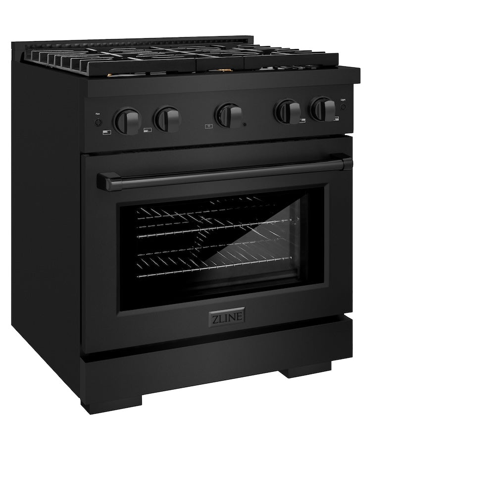 ZLINE 30 in. 4.2 cu. ft. Paramount Gas Range with Convection Gas Oven in Black Stainless Steel with 4 Brass Burners (SGRB-BR-30) side, oven closed.