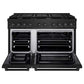 ZLINE 48 in. 6.7 cu. ft. Paramount Double Oven Gas Range in Black Stainless Steel with 8 Brass Burners (SGRB-BR-48) front, oven open.