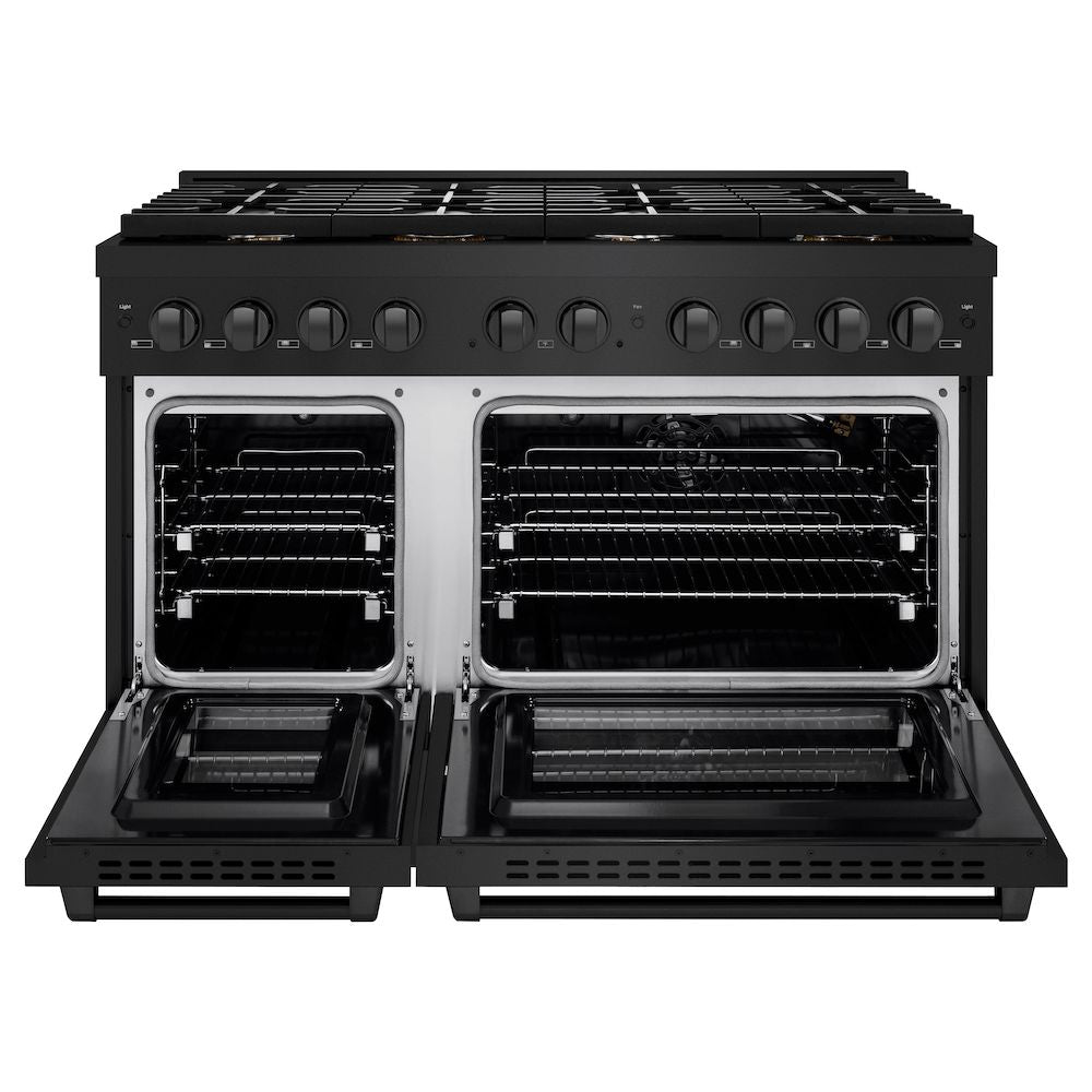 ZLINE 48-inch Gas Range in Black Stainless Steel with Brass Burners (SGRB-BR-48) front, with oven doors open.