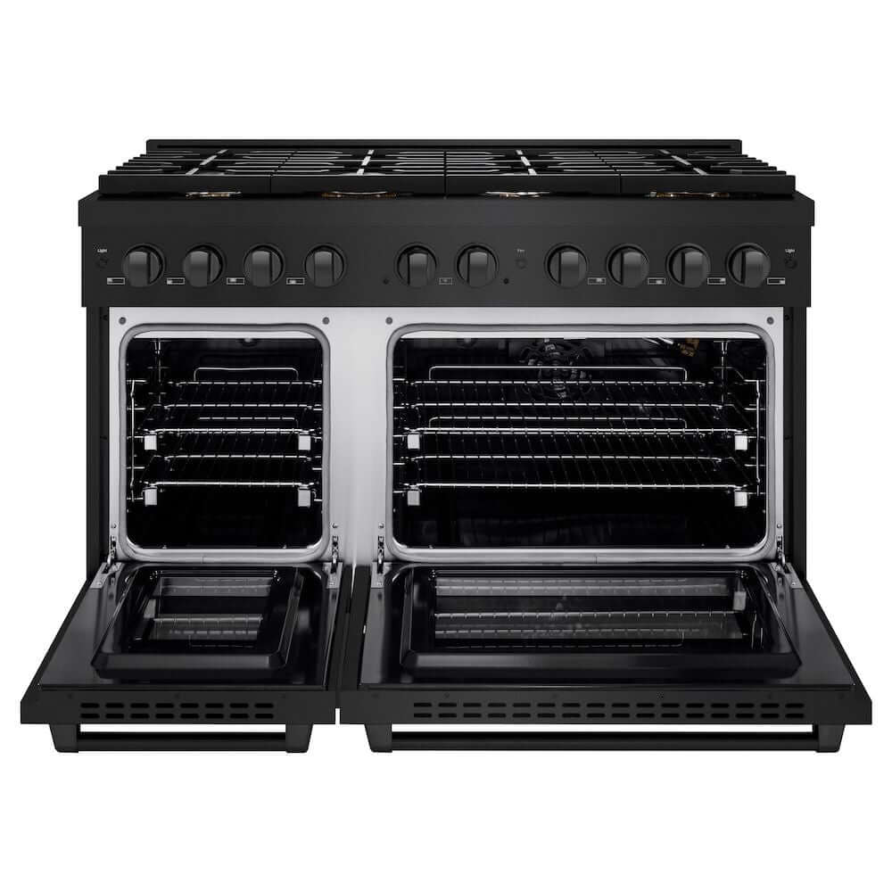 ZLINE 48 in. 6.7 cu. ft. Paramount Double Oven Gas Range in Black Stainless Steel with 8 Brass Burners (SGRB-BR-48) front, oven open.