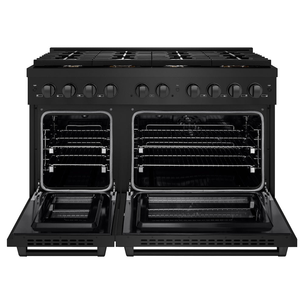 ZLINE 48 in. 6.7 cu. ft. Paramount Double Oven Dual Fuel Range in Black Stainless Steel with 8 Brass Burners (SDRB-BR-48) front, oven open.