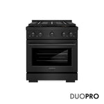 ZLINE 30 in. 4.2 cu. ft. Paramount Gas Range with 4 Burner DuoPro™ Cooktop and Convection Gas Oven in Black Stainless Steel (PSGRB-30) front, with DuoPro™ logo.